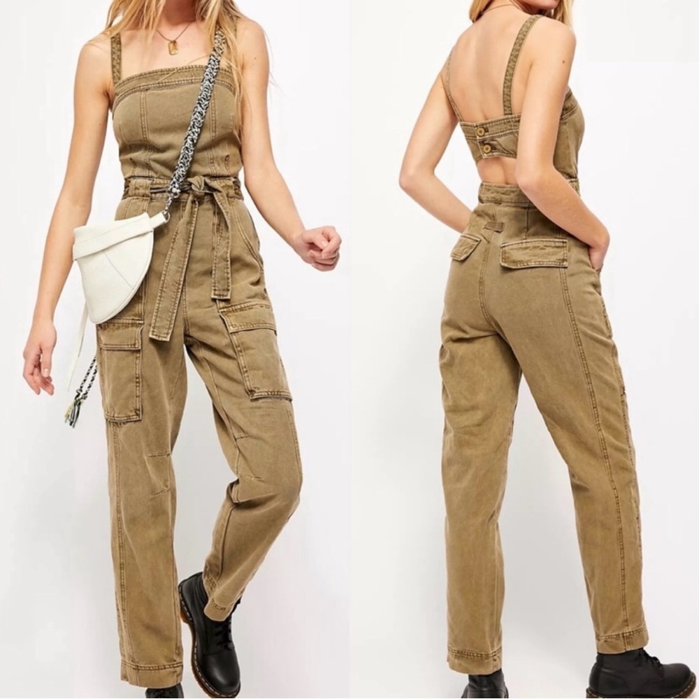 Free People Go West Utility Jumpsuit Army Sage Military Green Belted Fall Large - Picture 1 of 16